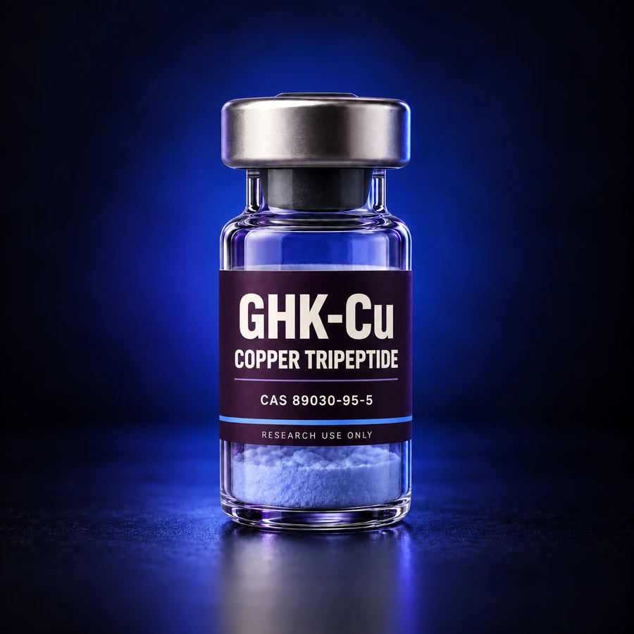 GHK-Cu — illustrative research vial with pale blue-purple powder
